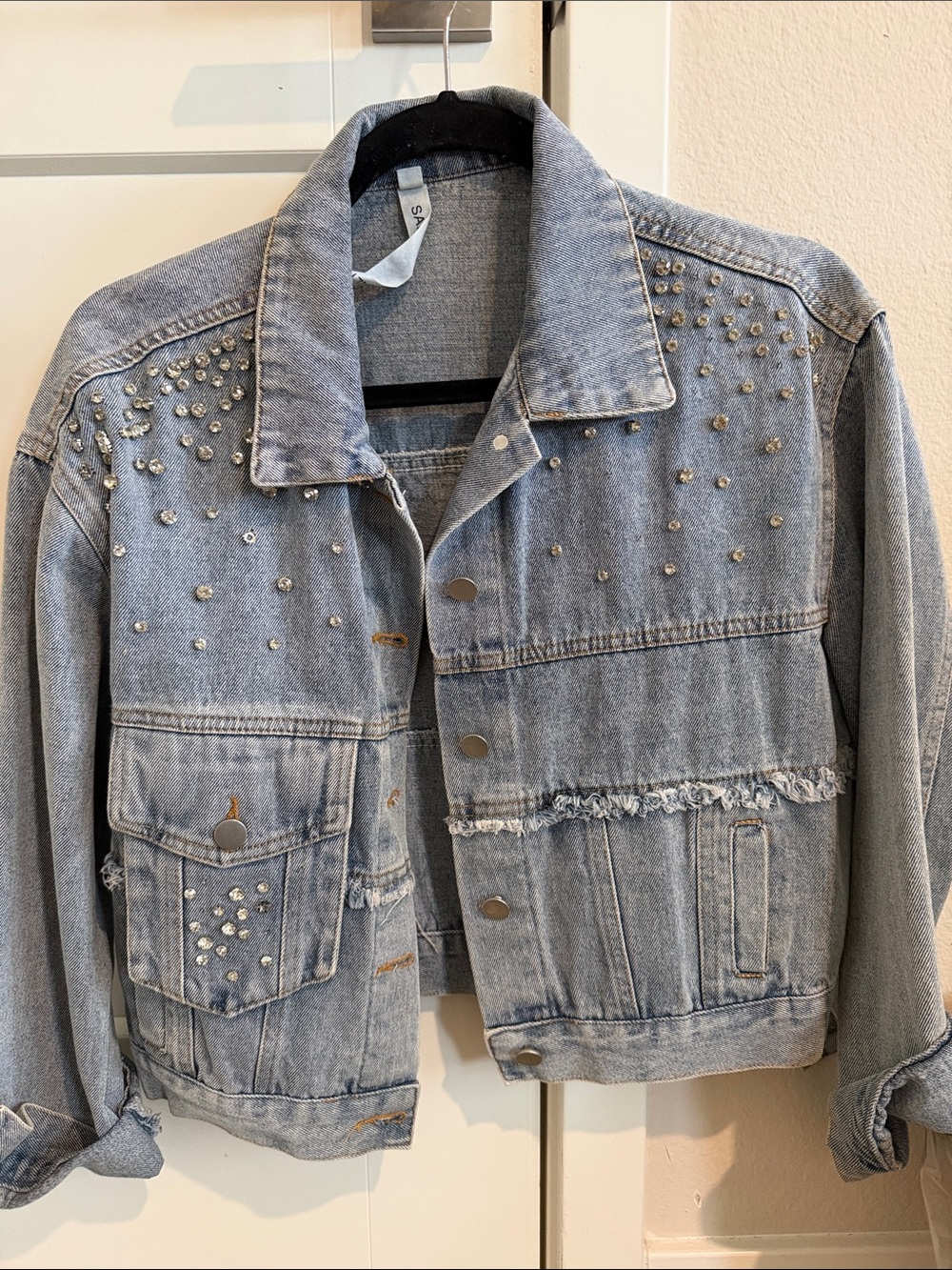 Studded Light Blue Denim Jacket - Women's Casual Crop